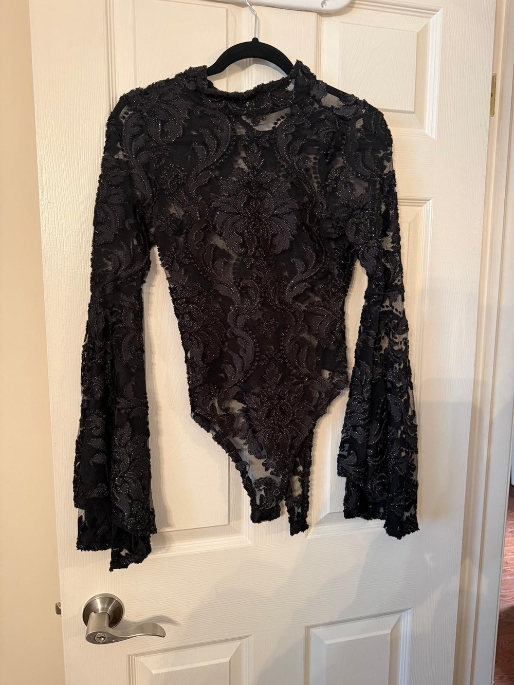 Fashion Nova Black Lace Beaded Long-Sleeve Bodysuit